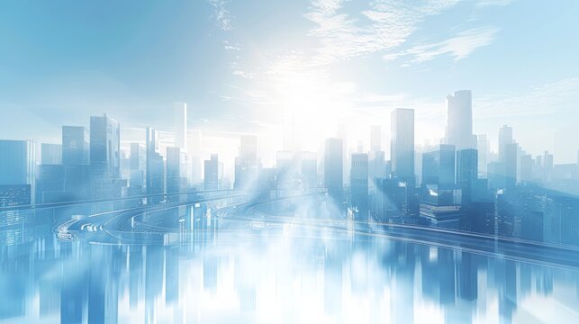 White background, city skyline in the style of future technology sense of architecture, light blue and white color scheme. Generative AI.