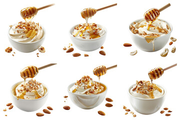 Fototapeta premium Set of Honey Nut Yogurt With Honey Drizzle isolated on transparent png background. Generative ai