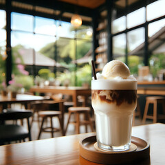 カフェのテーブルとコーヒーとクリームを使った飲み物