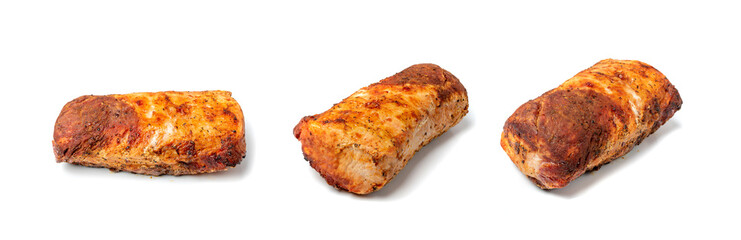 Baked pork, roasted fillet, whole grilled meat piece, roasted ham, big steak isolated on white
