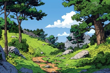 A tranquil and serene forest and meadow scene