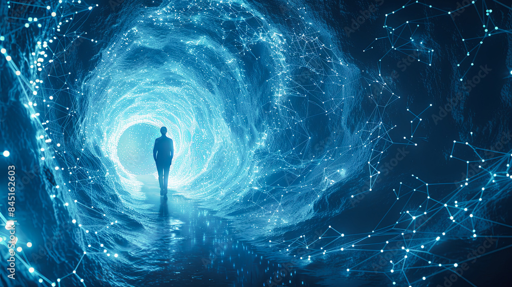 Poster businessman walking through abstract technology tunnel digital network connection cyberspace concept