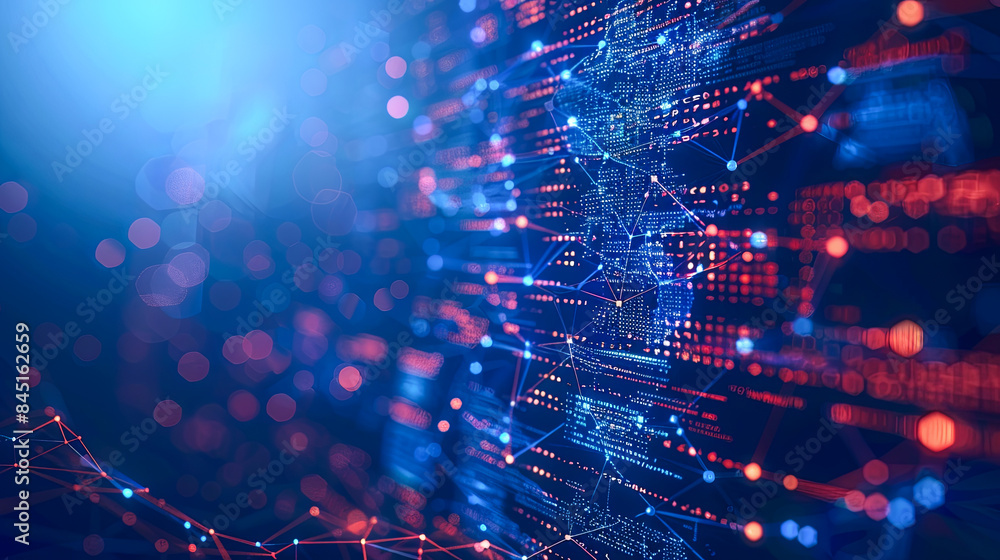 Poster abstract futuristic technology background with glowing blue and red lights data network connection c
