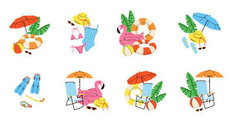 Summer beach set. Umbrella, sun lounger, inflatable ring and ball. Swimsuit hat and glasses. Fins and diving mask. Summertime holiday journey. Sea vacation, vector cartoon flat isolated illustration