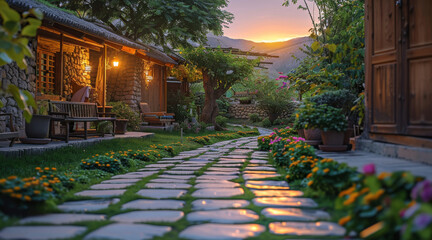 Fototapeta premium A traditional sitting garden in the evening. Generative AI.