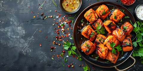 Traditional Indian cuisine with aromatic marinated salmon tikka a delicious experience. Concept Indian Cuisine, Marinated Salmon Tikka, Aromatic Flavors, Delicious Experience