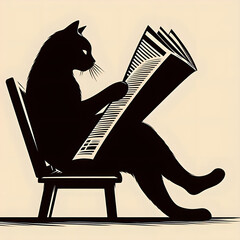新聞を読むネコのシルエット