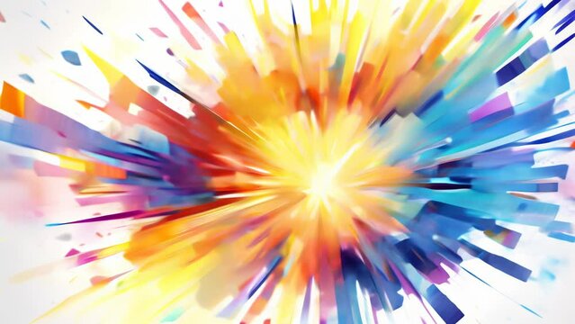 A vibrant explosion of multicolored geometric shards radiating from a central point against a clean white background. 
