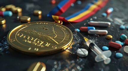 Close-up on the table is a gold medal with a beautiful striped ribbon next to various pills and a syringe. The concept of achieving victory in sports through doping. The doping scandal