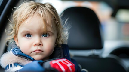 Cute little baby girl sitting in child safety seat inside car and looking at camera. baby on board. kid in the car.