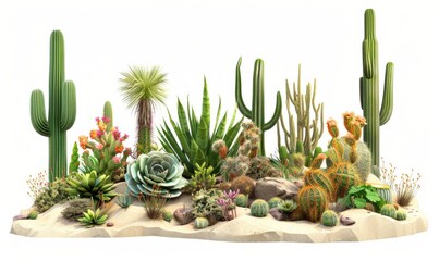 Obraz premium Explore the serene beauty of a desert garden featuring a variety of cacti, succulents, and sand dunes This tranquil scene captures the essence of the desert landscape