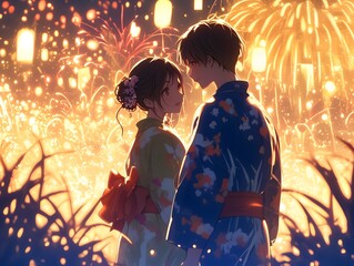Naklejka premium Japanese Summer Festival Two Lovers Watch Fireworks Anime Style Poster Wallpaper