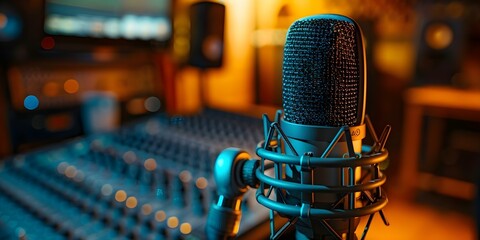 Voiceover artist records dubbing in soundproof studio for precise vocal delivery. Concept Voiceover Recording, Dubbing, Soundproof Studio, Vocal Delivery, Precise Narration