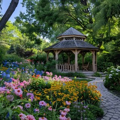 Serene Gazebo in a Lush Garden with Blooming Flowers
