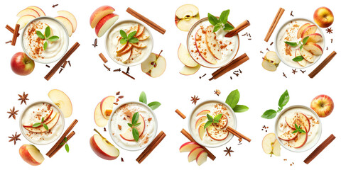Obraz premium Set of Apple Cinnamon Yogurt With Apple Slices isolated on transparent png background. Generative ai