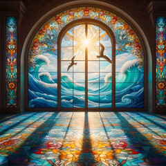 青い波のステンドグラス