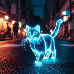 光を帯びた猫が夜の街を歩く