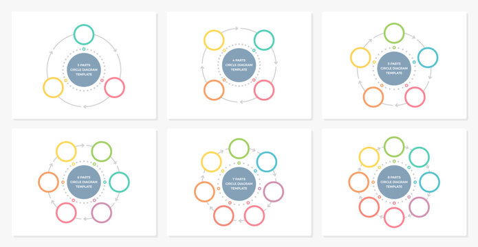 Six blank circle diagram templates set - 3, 4, 5, 6, 7 and 8 parts, circle infographics, vector eps10 illustration