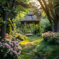 Picturesque Gazebo in Lush Garden with Blooming Floral Beauty