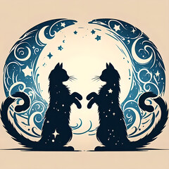 向かい合うネコのシルエットと星空の模様