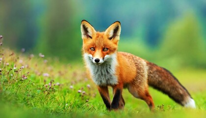Fototapeta premium Red Fox hunting, Fox on the green forest meadow