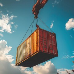 Close-up of a shipping container being lifted by a crane onto a waiting truck