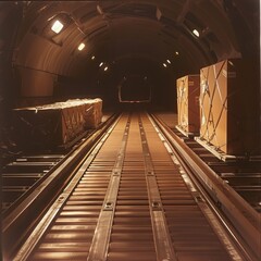 Conveyor belt transporting packages into the cargo hold of a waiting aircraft.