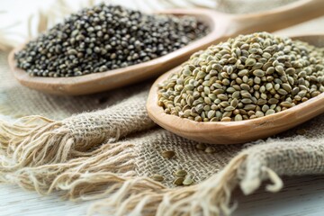 Fototapeta premium Organic Hemp Seeds on Wooden Spoons Close-Up