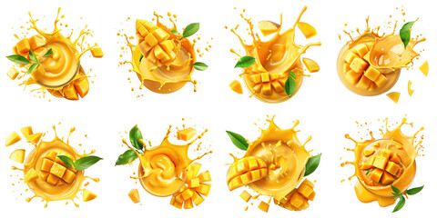 Set of Mango Yogurt With Mango Slices Splash isolated on transparent png background. Generative ai