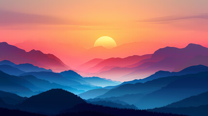 Fototapeta premium A breathtaking sunset over misty mountains with vibrant shades of orange, pink, blue, and purple creating a serene landscape.