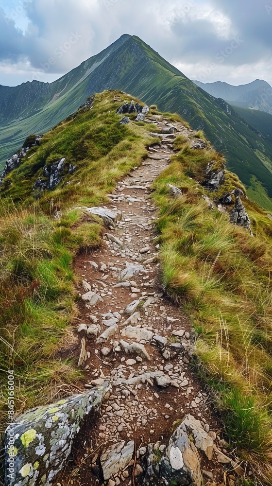 Poster a rocky mountain path with a steep incline. the path is covered in grass and rocks. the view from th