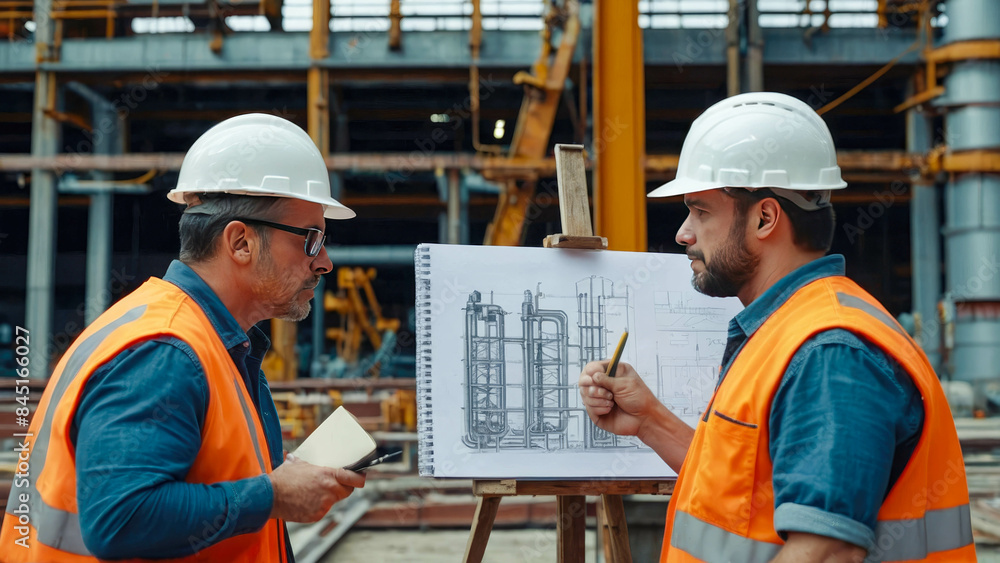 Poster engineer builder with helmet and blueprints at construction site background