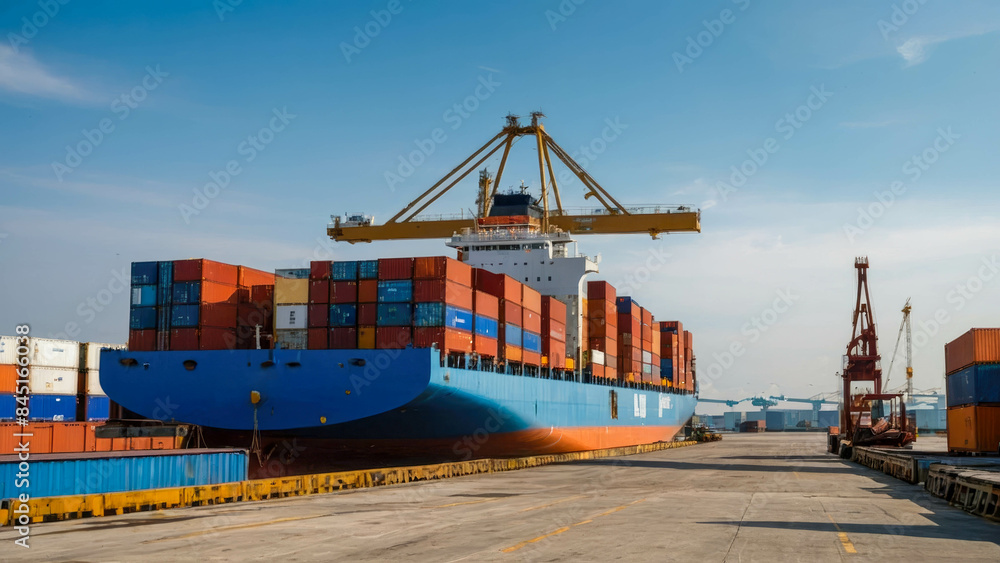 Poster foreman control loading containers box from cargo freight ship for import export, business logistic 