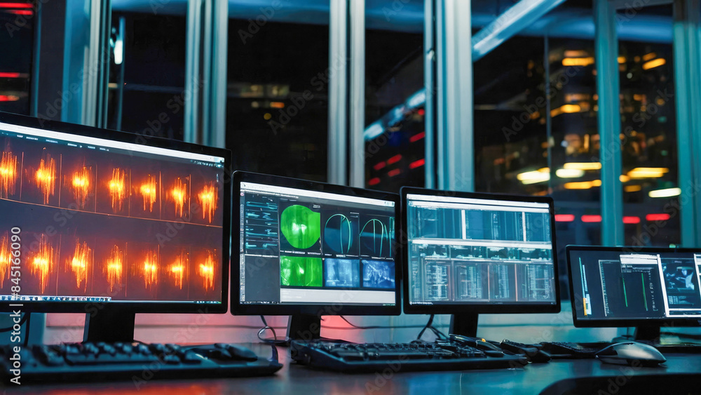 Poster multiple laptops and monitors are on desktop the state of control in the security industry