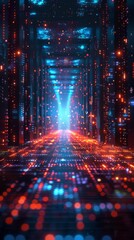 A long, dark tunnel with a blue light shining down on it. The tunnel is filled with bright, glowing lights that create a sense of movement and energy