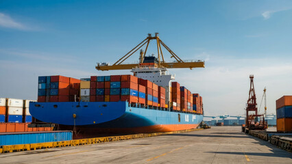 Fototapeta premium Foreman control loading containers box from cargo freight ship for import export, Business logistic concept, Import and export concept