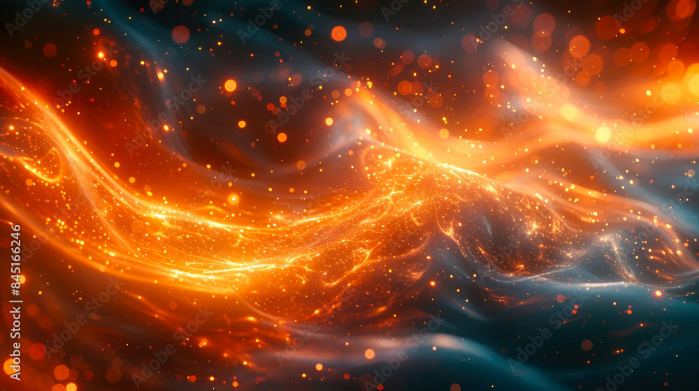 Poster an abstract yellow wave background with glowing particles and lines. futuristic waves