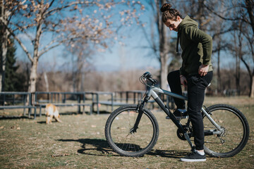 Fototapeta premium A good looking young man relaxing on his bike in a park on a sunny weekend, exuding a sense of freedom and enjoyment in nature.