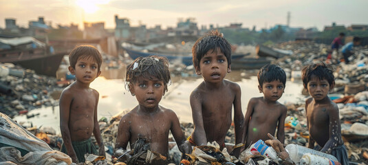 Hungry children of Asian collect garbage in a garbage dump. Generative AI.