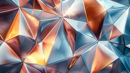 Obraz premium Abstract Copper and Blue Metallic Triangular Geometric Facets Background Texture, Digital Art, 3D Render Illustration