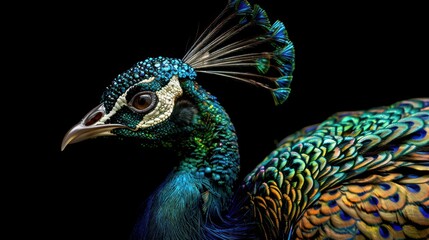 Obraz premium Artistry in every detail: Handmade peacock portrait featuring a vibrant, jewel-encrusted tail against a dramatic black backdrop, ideal for stock imagery. 