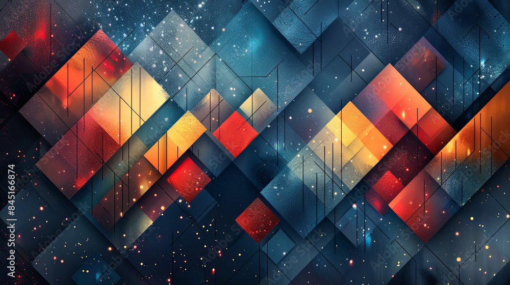 Poster abstract geometric pattern with red blue yellow and orange rhombus shapes with bokeh lights backgrou