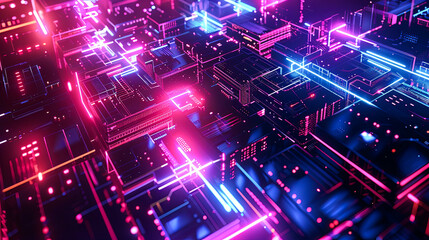 Futuristic Cyberpunk Cityscape With Glowing Neon Lights And Digital Data Streams - Digital Art Background Banner Image 