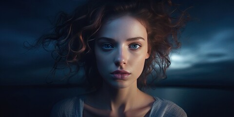 Fototapeta premium Beautiful woman close up blue hour portrait