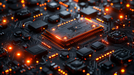 Obraz premium Futuristic Glowing Circuit Board Technology Background With Orange Lights Digital Illustration 3D Render