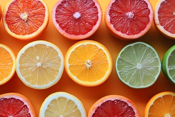 Obraz premium Fresh Citrus Fruit Slices Pattern - Vibrant Background for Summer Designs, Food Blogs, and Health Campaigns