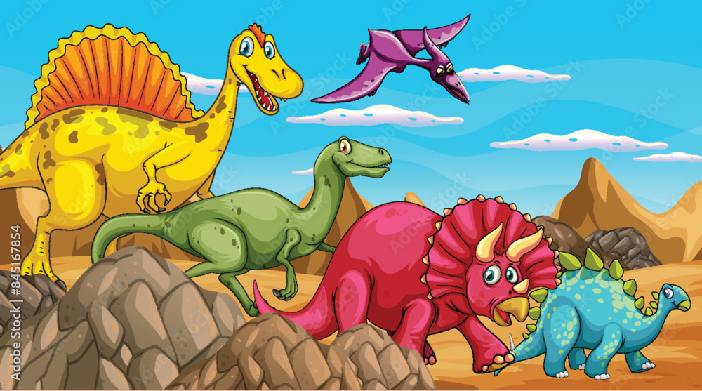 Wall mural dinosaurs in a vibrant prehistoric landscape