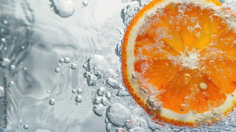 Aufkleber close up of a vibrant orange slice on a white backdrop submerged in sparkling water macro shot in a 