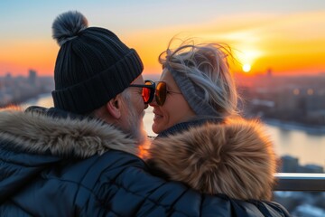 A couple is sitting on a ledge, with the woman wearing a hat and sunglasses. The man is wearing a black hat and a black coat. The sun is setting in the background, creating a warm