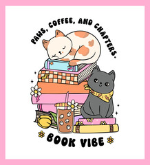 Retro Groovy book vibe with cat and iced coffee funny sticker vibrant and bold cartoon doodle drawing.